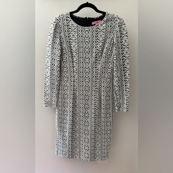 Vintage BETSEY JOHNSON Black/White Long Sleeve Geometric Stretch Midi Dress Sz 6 - Picture 1 of 5